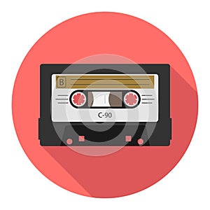 Retro audio cassette, retro audio cassette icon isolated on red background with shadow. Vector, cartoon illustration.