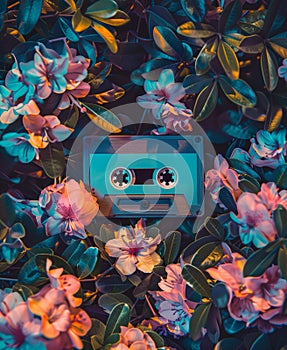 Retro audio cassette surrounded by neon lit flowers.