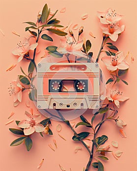 Retro audio cassette surrounded by pastel peachy flowers.
