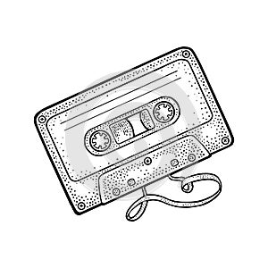 Retro audio cassette with tangled tape. Vintage vector black engraving illustration