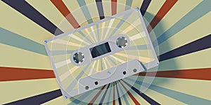 Retro audio cassette tape on colorful background. 3d illustration