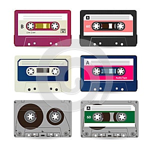 Retro Audio Cassette Vector. Collection Of Different Colorful Music Tapes. Isolated On White Background.