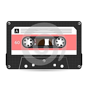 Retro Audio Cassette Vector. Plastic Audio Cassette Tape. Old Technology, Realistic Design Illustration. Isolated On White Backgro