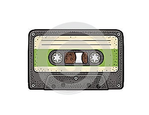 Retro audio cassette. Vintage vector black engraving illustration photo