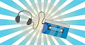 Retro audio music cassette player with headphones old vintage hipster for geeks from 70s, 80s, 90s on blue rays background