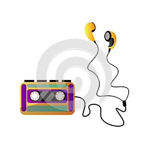 Retro Audio Music Cassette Tape Player and Ear Buds Vector Illustration