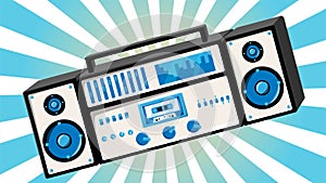 Retro audio music cassette tape recorder old vintage hipster for geeks from 70s, 80s, 90s on blue abstract rays background. Video