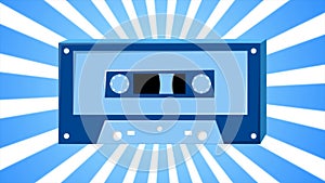 Retro audio music cassette for tape recorder old vintage hipster for geeks from 70s, 80s, 90s on blue rays background. Video in