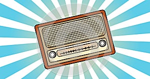 Retro audio music radio old vintage hipster for geeks from 70s, 80s, 90s on blue rays background