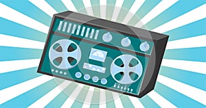 Retro audio music tape recorder old vintage with magnetic tape reels hipster for geeks from the 70s, 80s, 90s on blue abstract