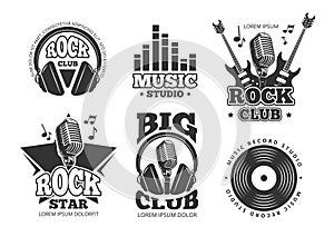 Retro audio record, studio sound vector labels, badges, logos, emblems