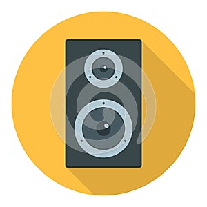 Retro audio speaker, retro audio speaker icon isolated on yellow background with shadow. Vector, cartoon illustration.