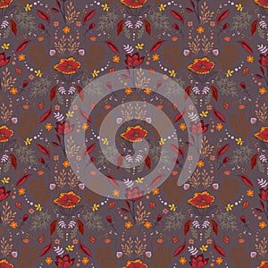 Retro Autumn pattern with berries,pine cone,nuts,flowers ,branches and leaves Seamless vector . Fall colorful floral background.