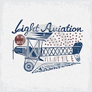 Retro aviation grunge vector design airplane and wings