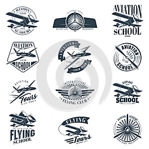 Retro Aviation set of 12 monochrome badges. Vintage Vector Airplane Labels, design elements and emblems.