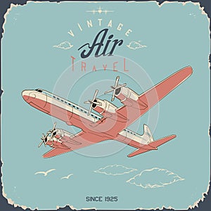 Retro aviation travel poster and sign in simple colors