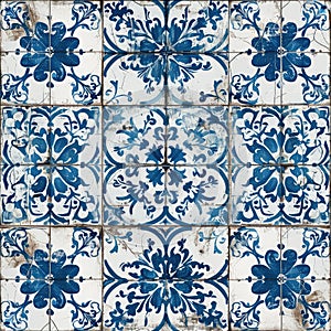 Retro Azulejo Mosaic Tile, Vintage Portuguese Wall Ceramic Seamless Pattern, Old Blue Tiles Background