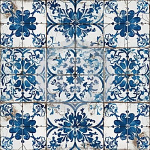 Retro Azulejo Mosaic Tile, Vintage Portuguese Wall Ceramic Seamless Pattern, Old Blue Tiles Background photo