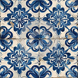 Retro Azulejo Mosaic Tile, Vintage Portuguese Wall Ceramic Seamless Pattern, Old Blue Tiles Background photo