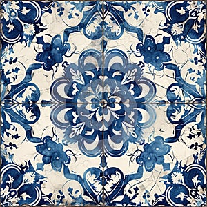 Retro Azulejo Mosaic Tile, Vintage Portuguese Wall Ceramic Seamless Pattern, Old Blue Tiles Background photo