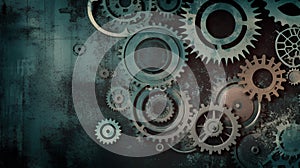 Retro background with brass gears. Steampunk style background. Teal color toned