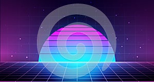 Retro background with laser grid, abstract landscape with sunset and star sky. Vaporwave, synthwave 80s cyberpunk style