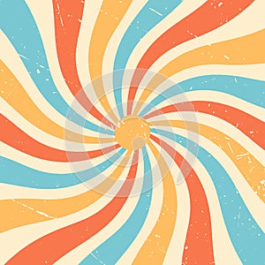 Retro background with rainbow stripes in the form of rays. Abstract colorful and textured spiral design