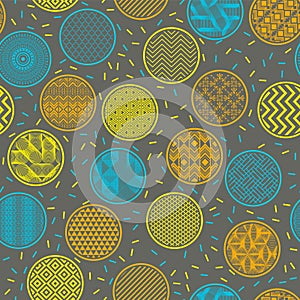 Retro bandana print geometric seamless ornament. Bubble shapes with oriental patterns