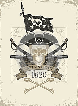 Retro banner with armed pirate skull and old map