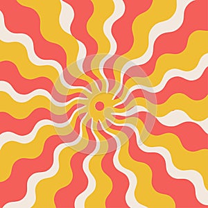 Retro banner backgroud with sun rays in aesthtic style of 70s. Sunburst, sunrise summer backdrop. Sunbeam flat geometric