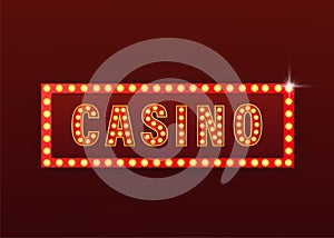 Retro banner casino on purple backdrop. Light effect. Bright star. Vector design banner. Game sign.