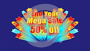 Retro banner end year mega sale 50% off. plaid blue color background style. vector illustration eps10