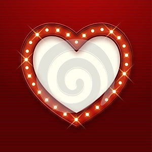 Retro banner in heart shape with shiny lamps, decorative frame, vector illustration