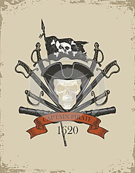 Retro banner with pirate skull, sabers and cannons