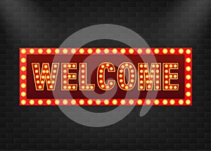 Retro banner welcome on purple backdrop. Light effect. Bright star. Vector design banner. Game sign.