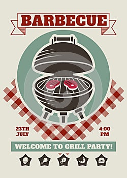 Retro barbecue party restaurant invitation template. BBQ cookout vector poster with classic charcoal grill photo