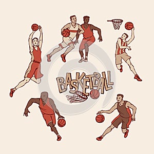 Retro basketball players in sports uniform. Vintage sportsmans motion with ball in different poses and race. Vector