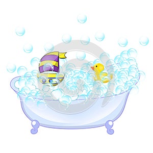 Retro Bathroom interior. soap bubbles. Bathtub with foam bubbles inside and bath yellow rubber duck and boat ion wall