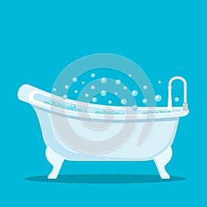 Retro bathtub with tap and bubble bath. flat vector illustration isolated