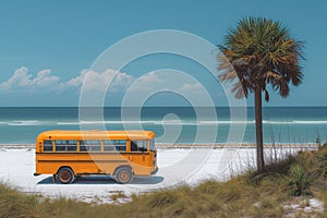 Retro Beach Escape: Yellow Vintage Bus on Tropical Shoreline. Generative ai
