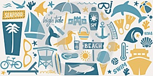 Retro Beach Icons and Symbols, Summer Vacation Illustration, Coastal Design in Nautical Colors