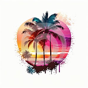 Retro beach palm tree sunset bundle watercolor