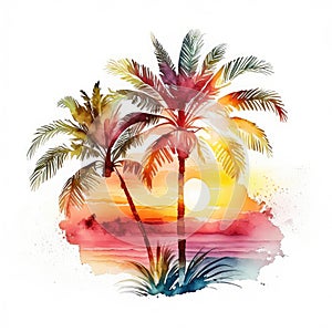 Retro beach palm tree sunset bundle watercolor