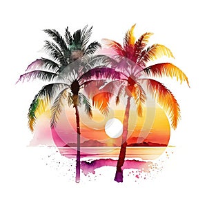 Retro beach palm tree sunset bundle watercolor