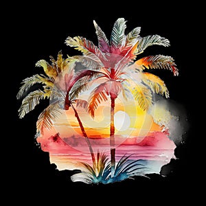 Retro beach palm tree sunset bundle watercolor