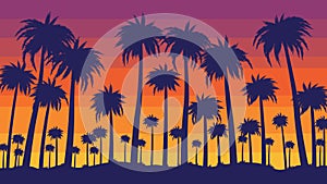 Retro beach sunset. Evening California palm trees, tropical paradise with color striped sky background vector illustration