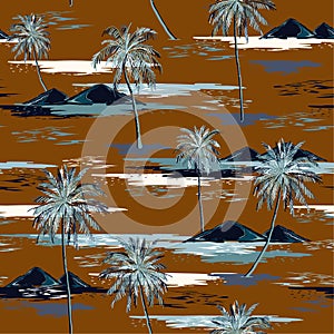 Retro Beautiful seamless island pattern Landscape with colorful palm trees,beach and ocean vector hand drawn style