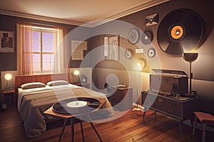 retro bedroom with vinyl record player, vintage posters, and cool lighting