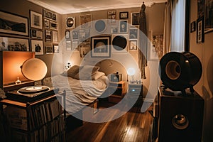 retro bedroom with vinyl record player, vintage posters, and cool lighting