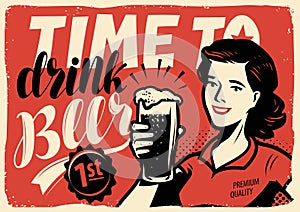 Retro beer poster. Vintage sign advertising ale. Pub vector illustration